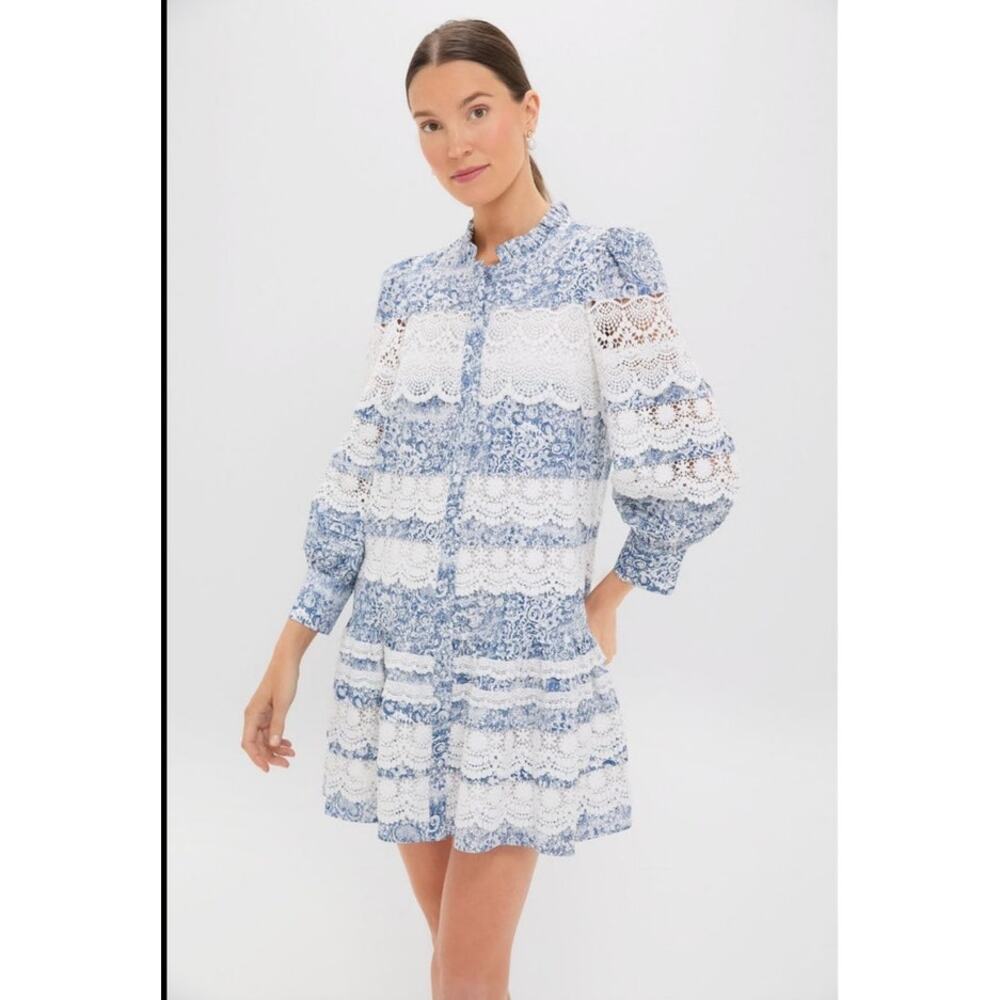Women’s Blue and White Lace Tiered Mini Dress